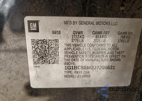 2018 Chevrolet Cruze Ls из США, поврежденный, VIN 1G1BC5SM2J7206631